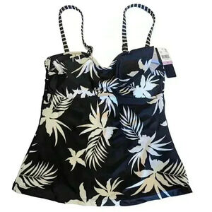 Macy's Island Escape Tropical Print Black White Nylon Spandex Swimsuit Top 6 NWT